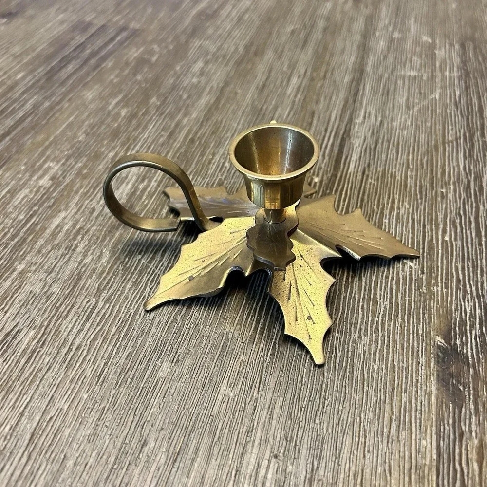 Vtg Solid Brass Leaf Shaped‎ Tapered Candle Holder Christmas - India Archana